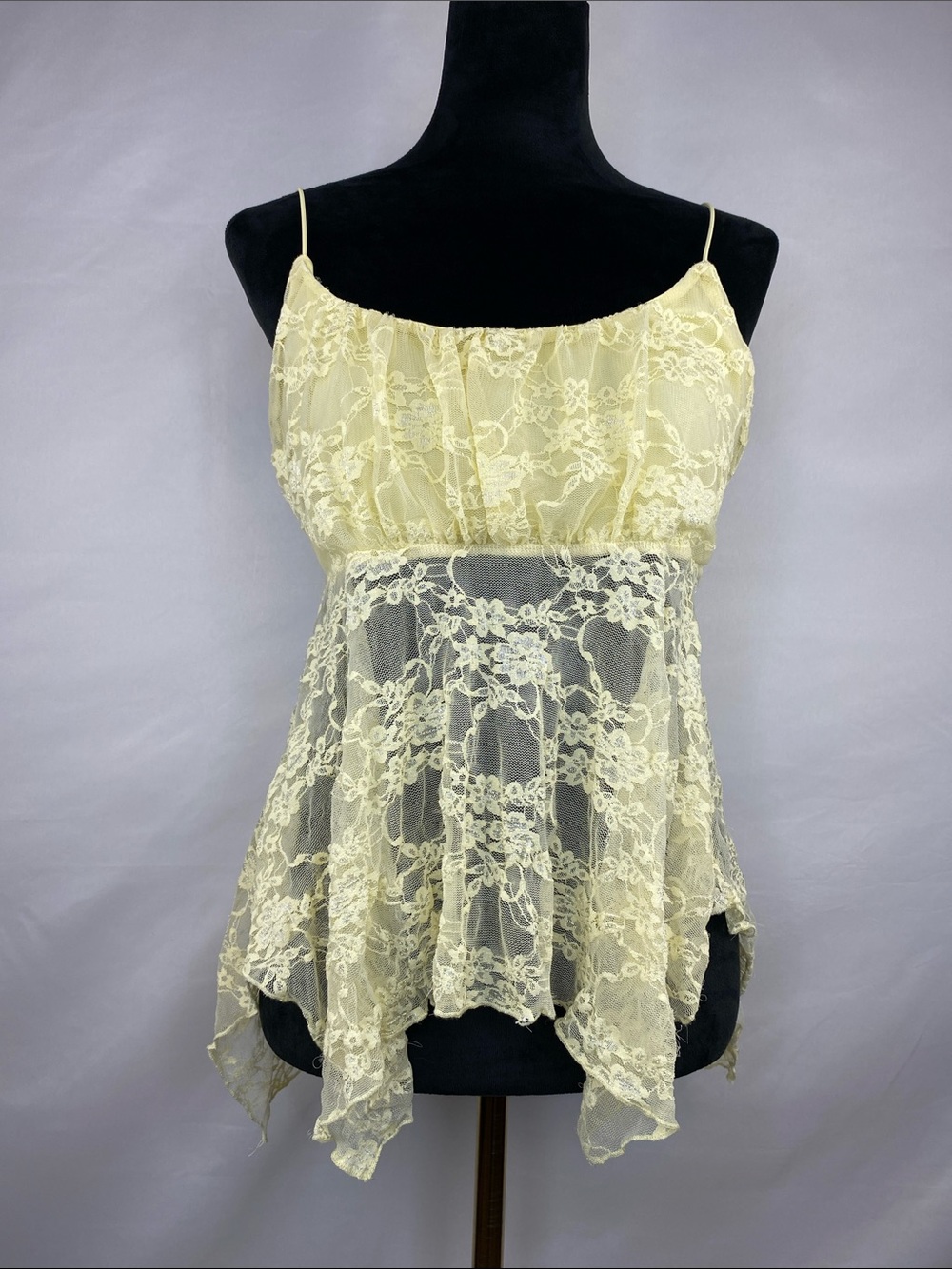 Just Polly Y2K Yellow Floral Lace Babydoll Cami Top Handkerchief Hem Size XL